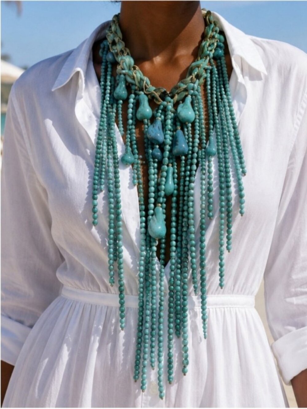 New! Coastal Boho Turquoise Pebble Acrylic Beaded Scarf  Necklace NWOT